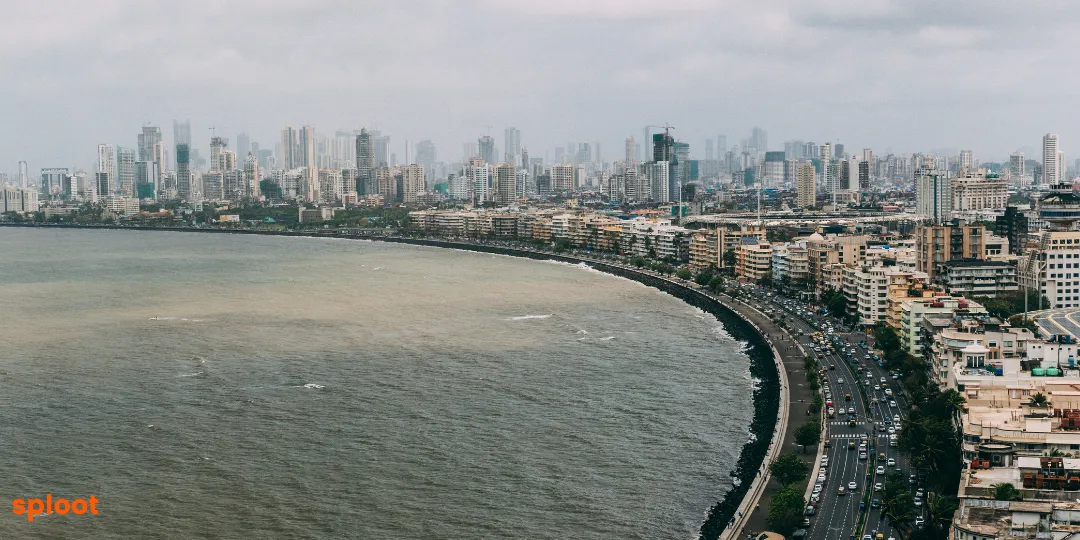 Aerial view of Mumbai's Marine Drive coastline and skyline
