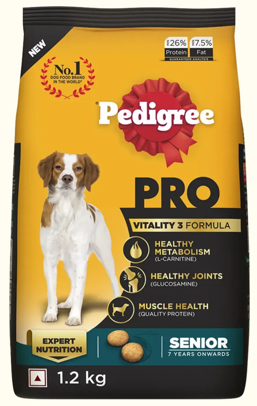 Pedigree Pro Vitality 3 Formula dog food bag with a brown and white dog on the front