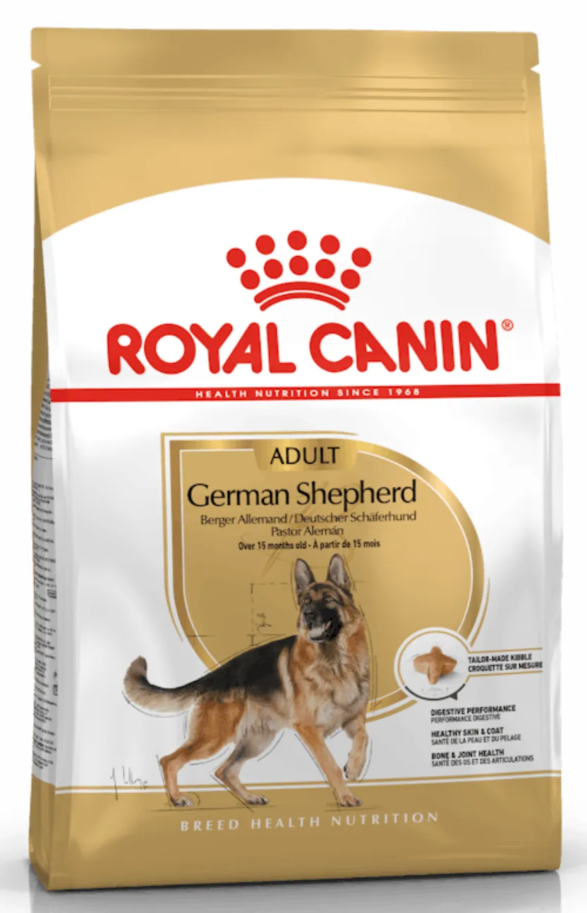 Royal Canin German Shepherd Adult dog food bag with a German Shepherd on the front