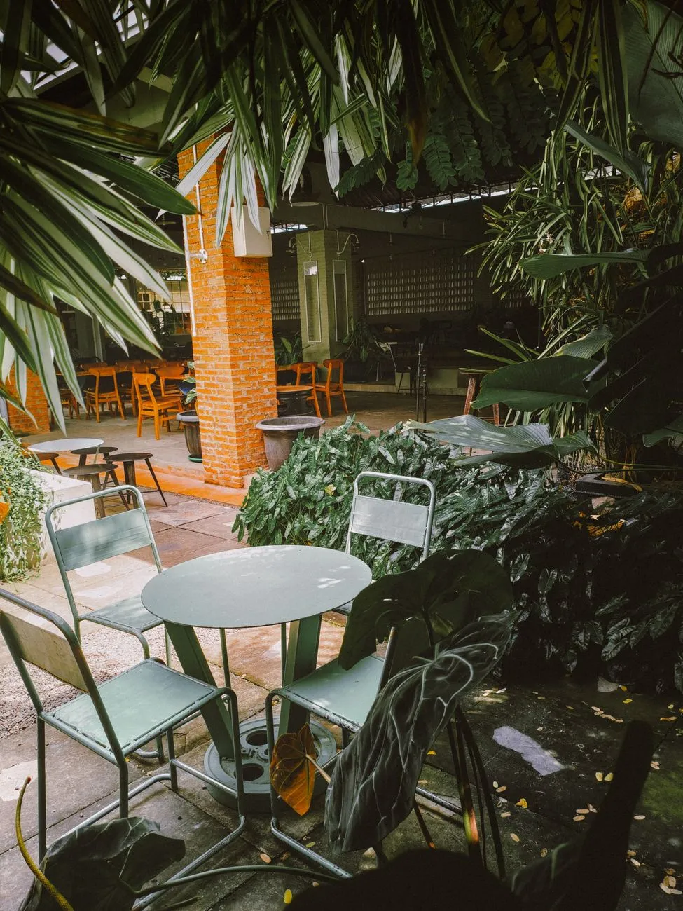 Outdoor cafe seating under green trees