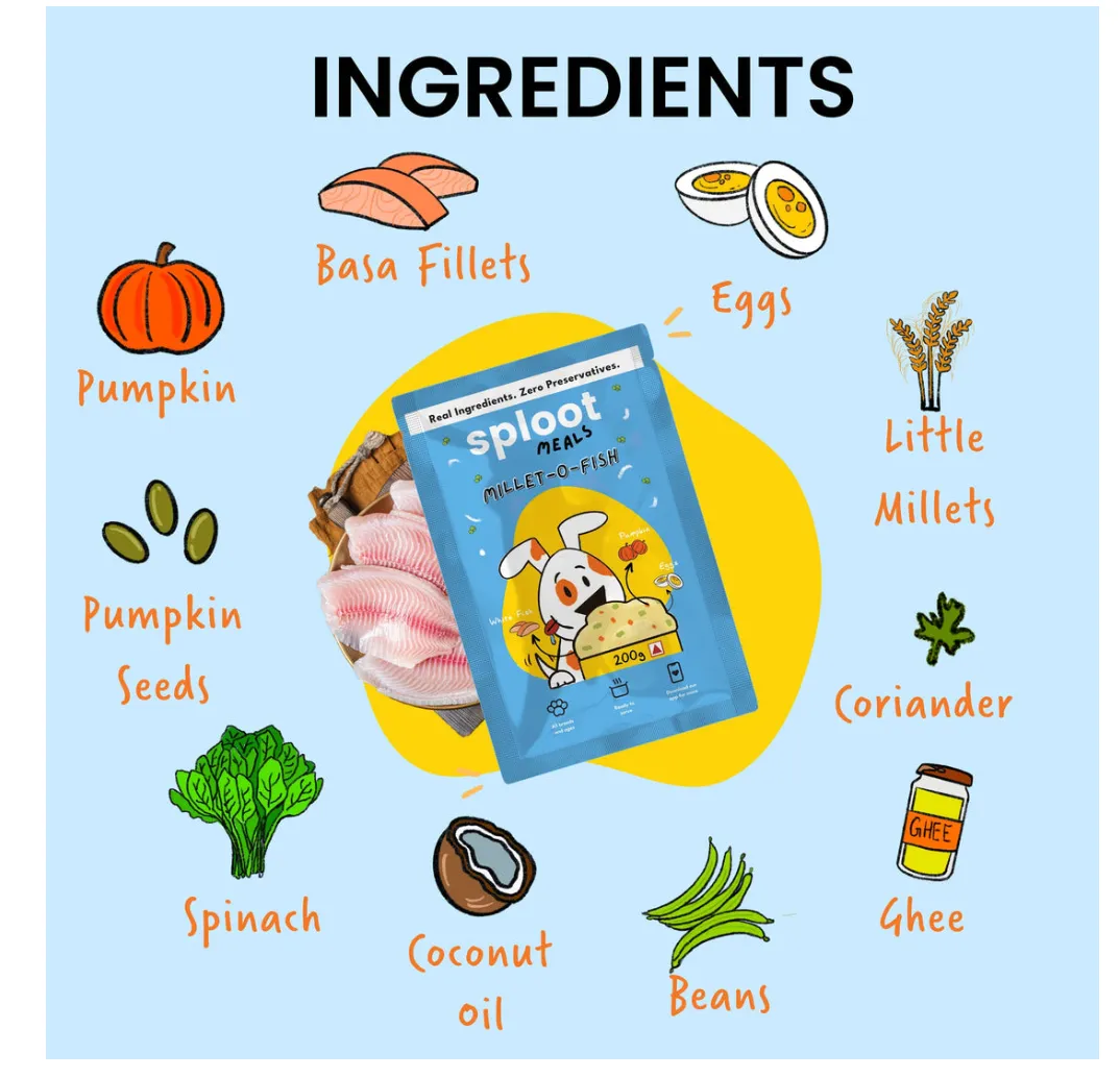 Ingredients graphic for Sploot Millet o Fish: basa fillet, pumpkin, millets, ghee
