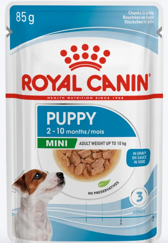 Royal Canin Puppy Mini wet food pouch with chunks in gravy