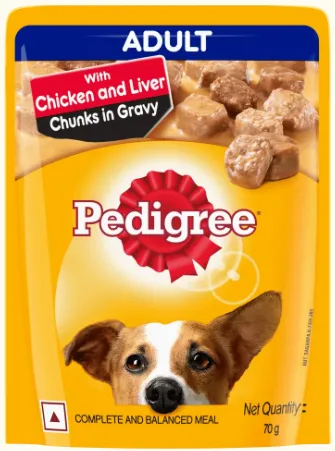 Pedigree Adult wet dog food pouch with chicken and liver chunks in gravy