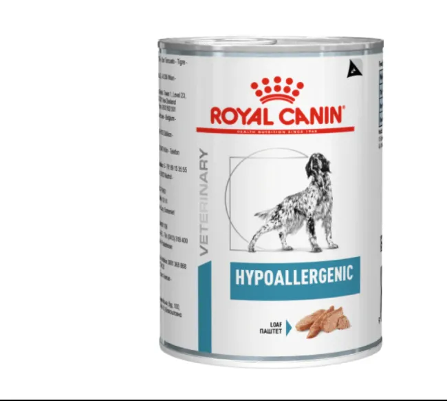 Royal Canin Veterinary Hypoallergenic canned dog food with loaf texture shown on label