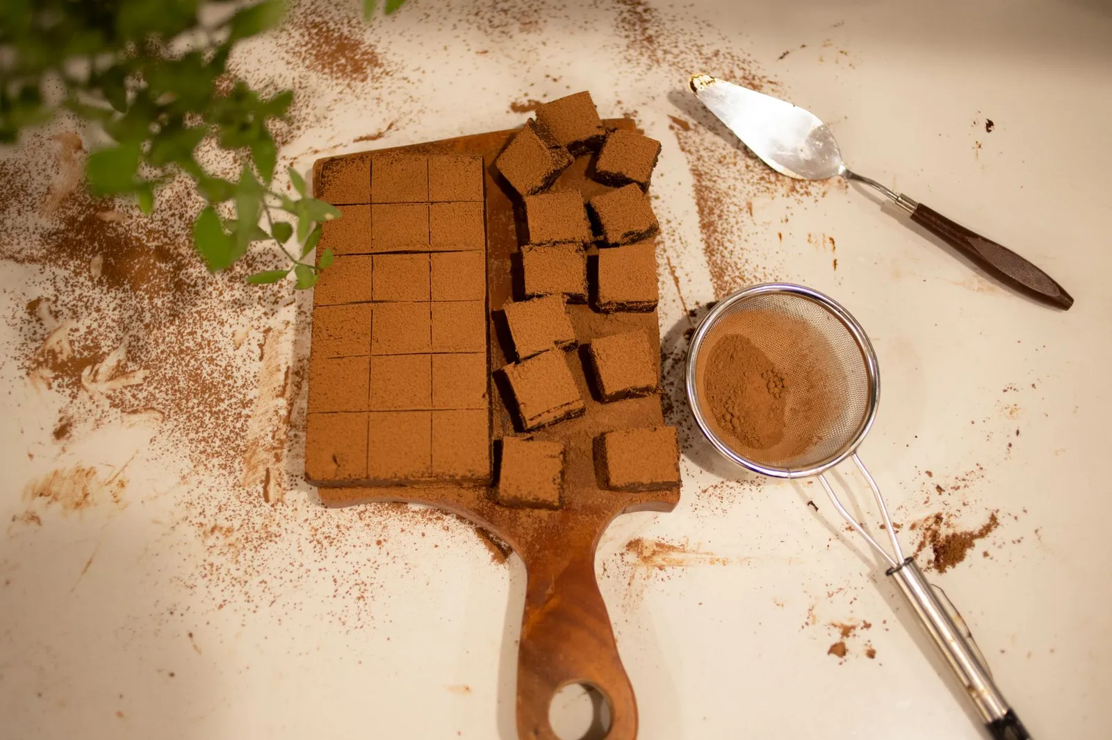 Brownie dusted with cocoa powder on a table