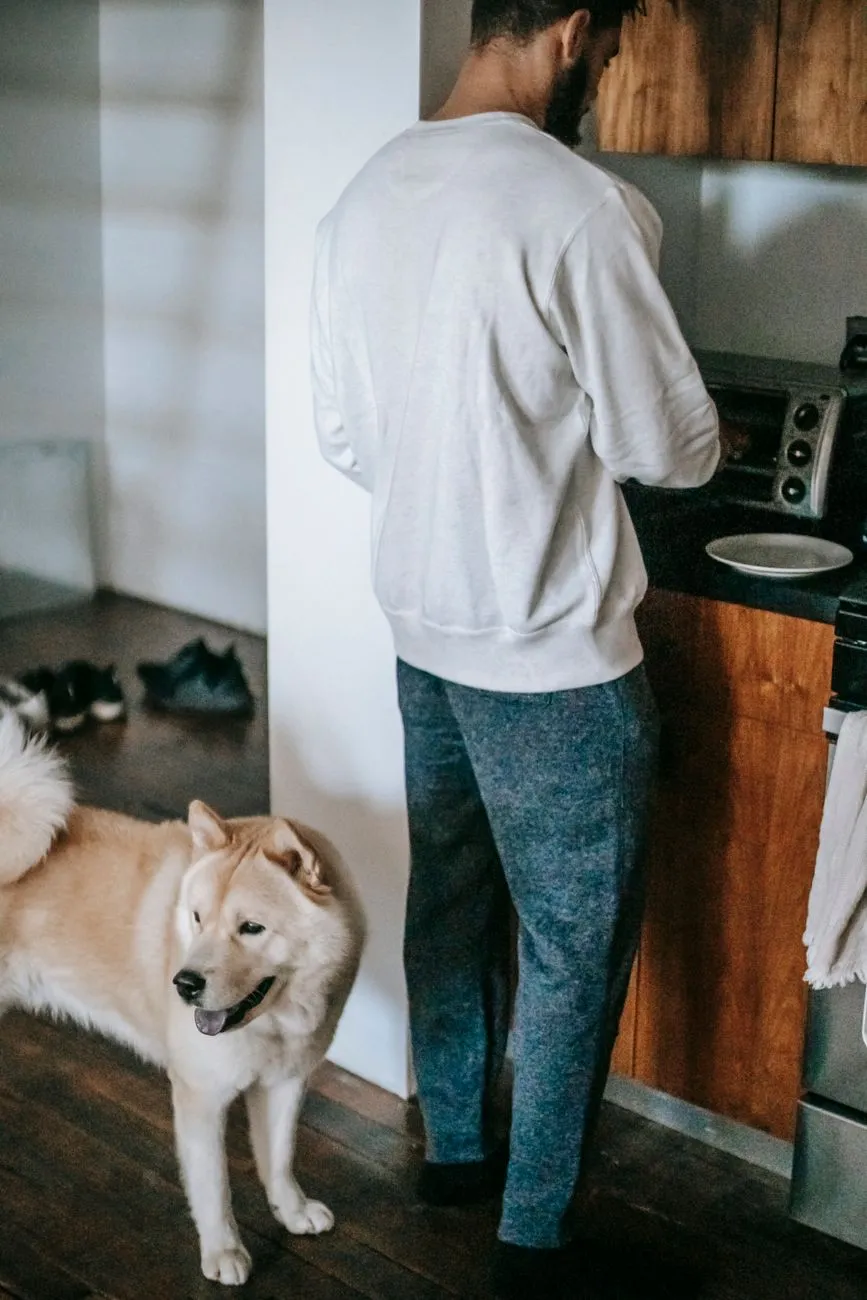 Dog parent cooking at home with a dog nearby