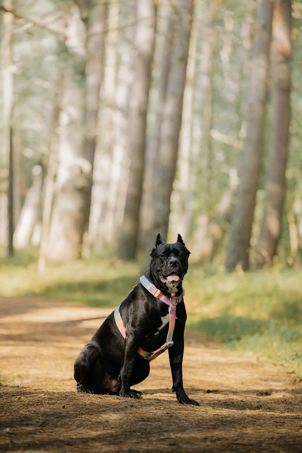 Black cropped-ear dog wearing a colorful harness, sitting on a forest path