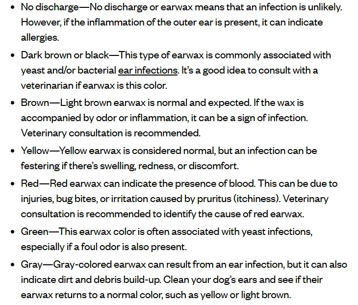 Bulleted list explaining what no discharge, dark brown, brown, yellow, red, green and gray earwax colours mean