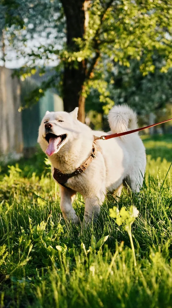 Happy dog on a leash during a park walk