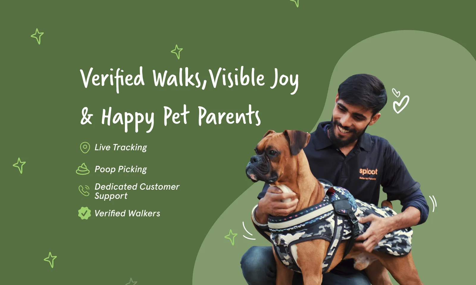 Sploot promotional banner: a walker holding a boxer, promoting verified walks and support