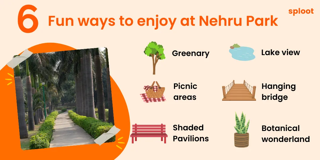Infographic of six ways to enjoy Nehru Park: greenery, lake view, picnic areas, bridge