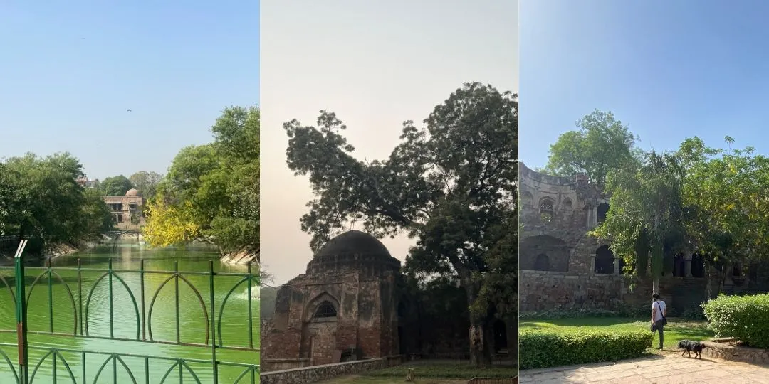 Three photos of Hauz Khas lake, a domed monument and stone ruins with trees