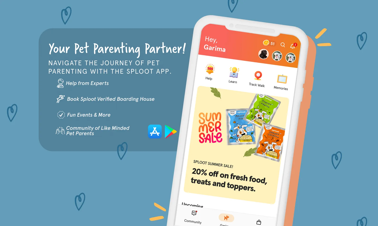 Sploot app screens promoting the pet parenting app and summer sale