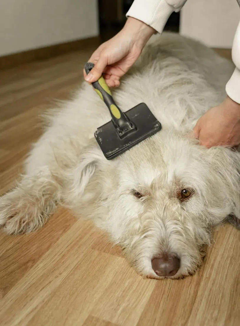 Fluffy white dog lying on a wooden floor being brushed with a slicker brush