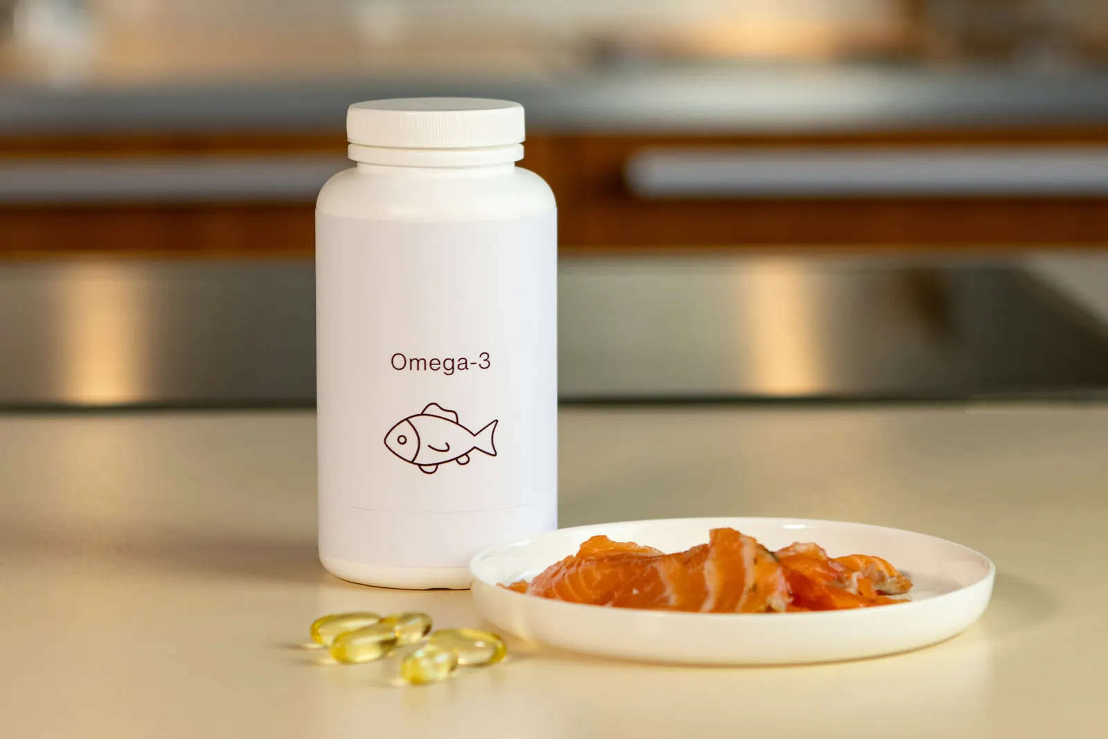 Omega-3 supplement bottle with fish oil capsules and a plate of raw salmon