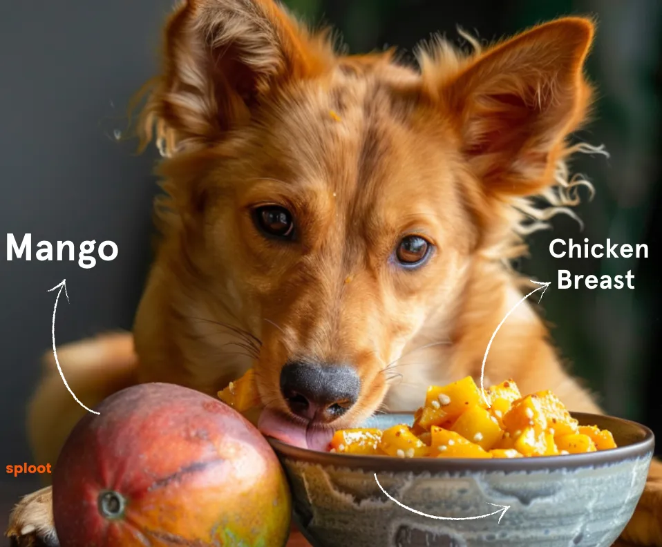 Dog licking a bowl of diced mango and chicken breast pieces, labelled as ingredients