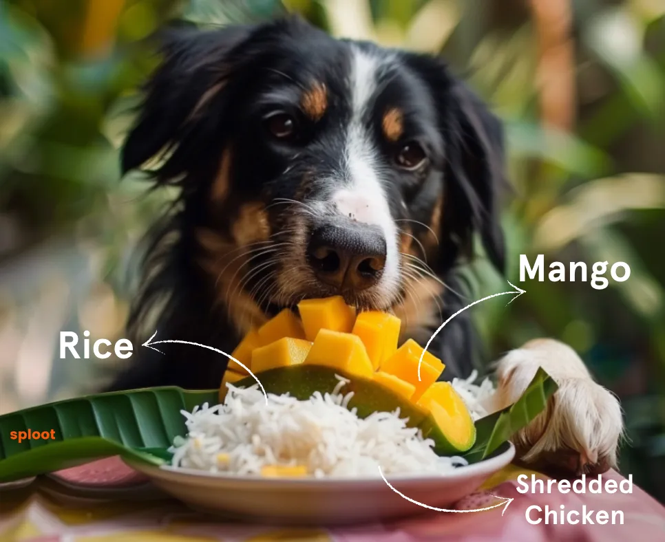 Dog licking a bowl of diced mango and chicken breast, labelled Mango and Chicken Breast