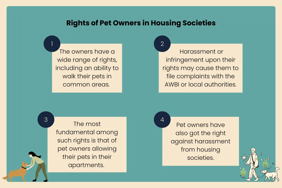 Infographic listing four pet-owner rights in housing societies, numbered one to four