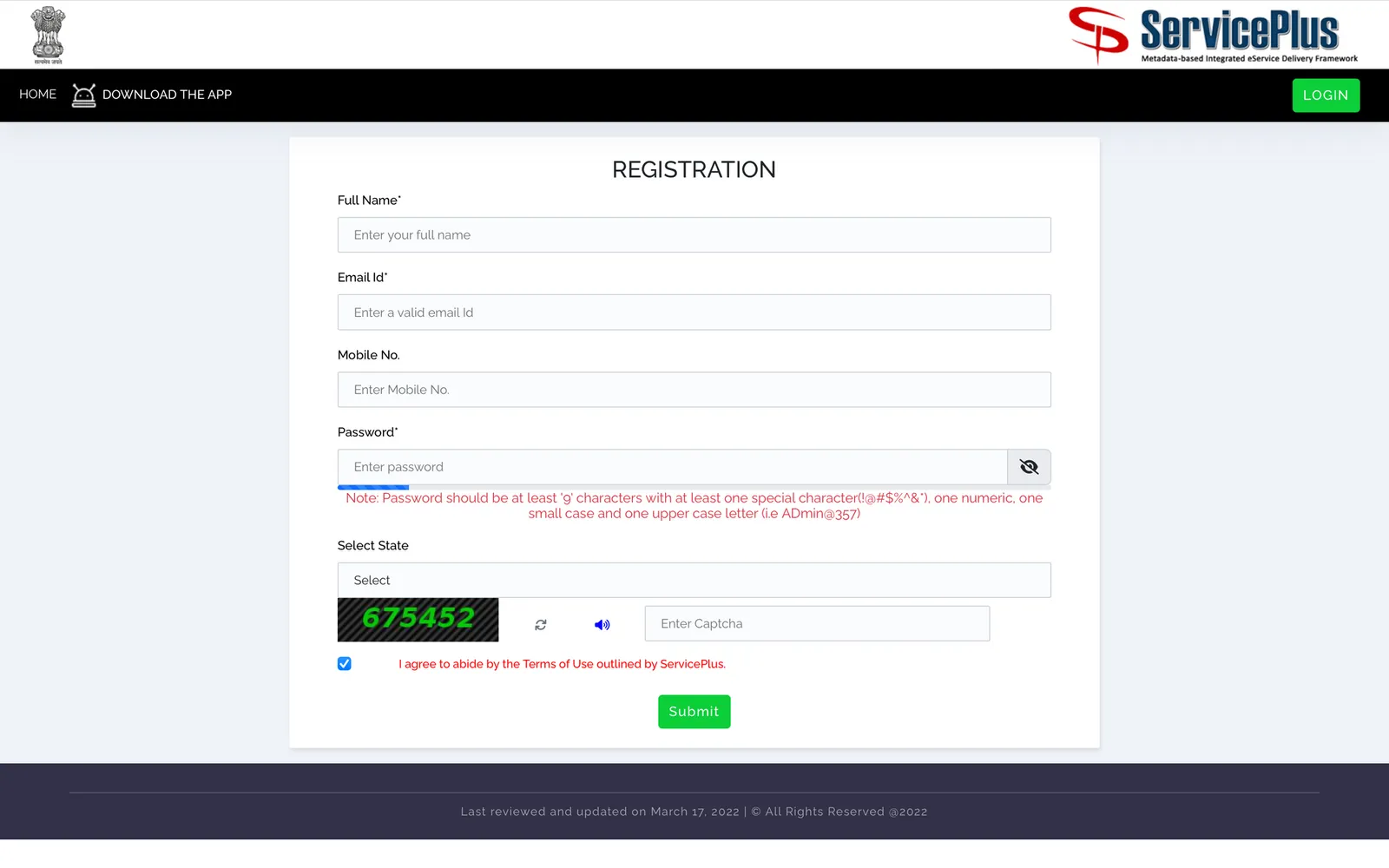 Screenshot of the ServicePlus portal registration form asking for name, email, and password
