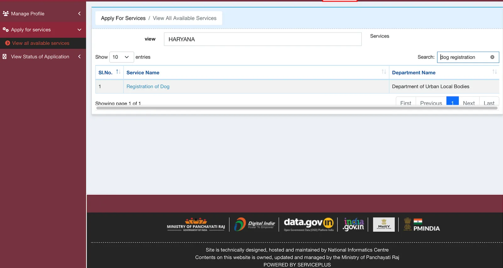 Screenshot of the Saral Haryana service search showing the Registration of Dog listing