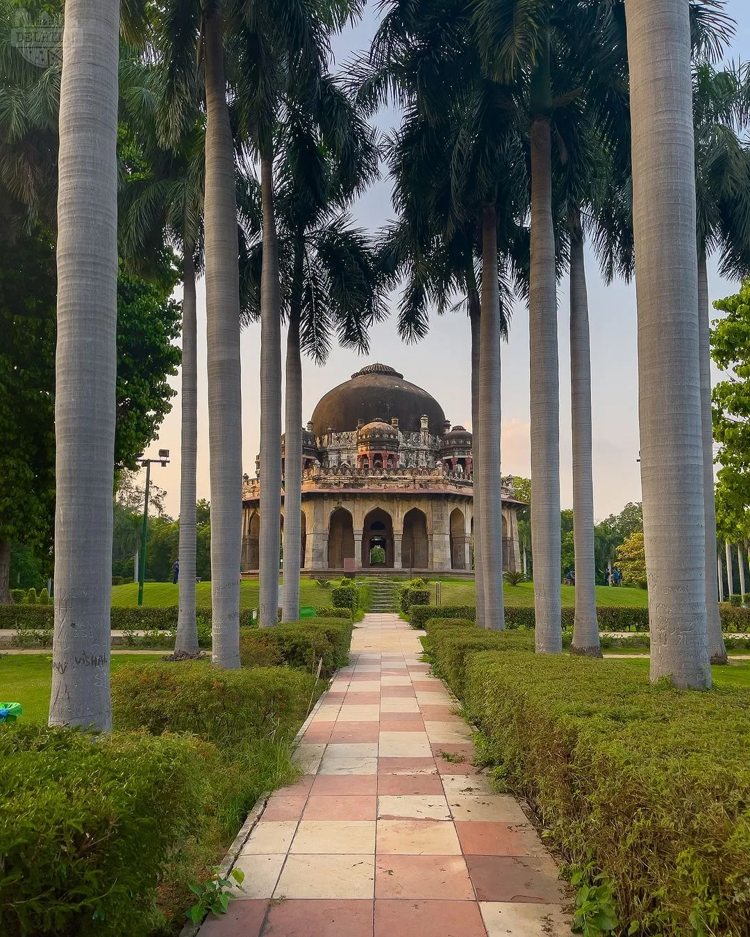 Domed tomb framed by a row of tall palm trees along a paved path