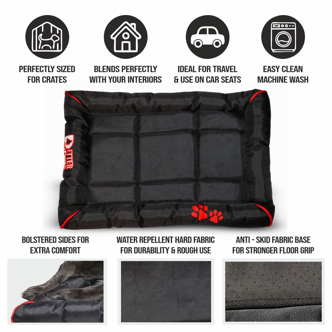 Petter World Waterproof Dog Mat with Padded Perimeters for Head & Paw Support, Jet Black – image 4